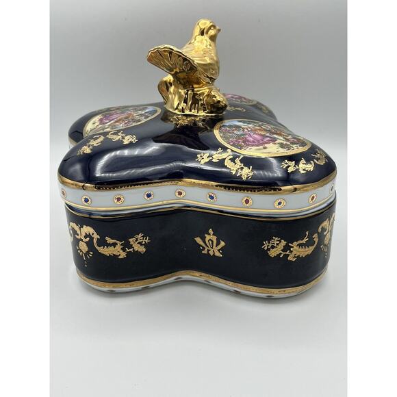 Sevres France Porcelain Hand Painted Vintage Lidded Art Bowl Gold Trim Bird Top - Picture 6 of 16